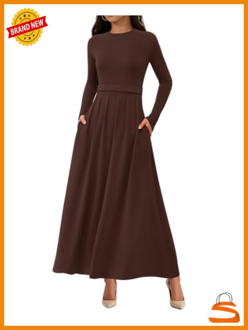 Long Sleeve Maxi Dress for Women Pleated Fit and Flare with Pockets Business